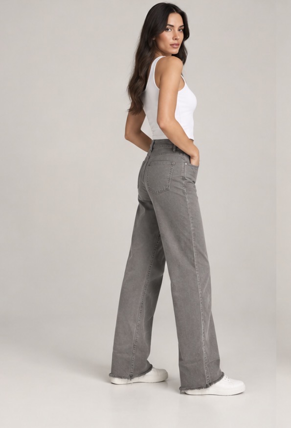 Jeans Donna Vita Alta Grigio Jeans donna vita alta gamba larga colore grigio - Nilo Clothing